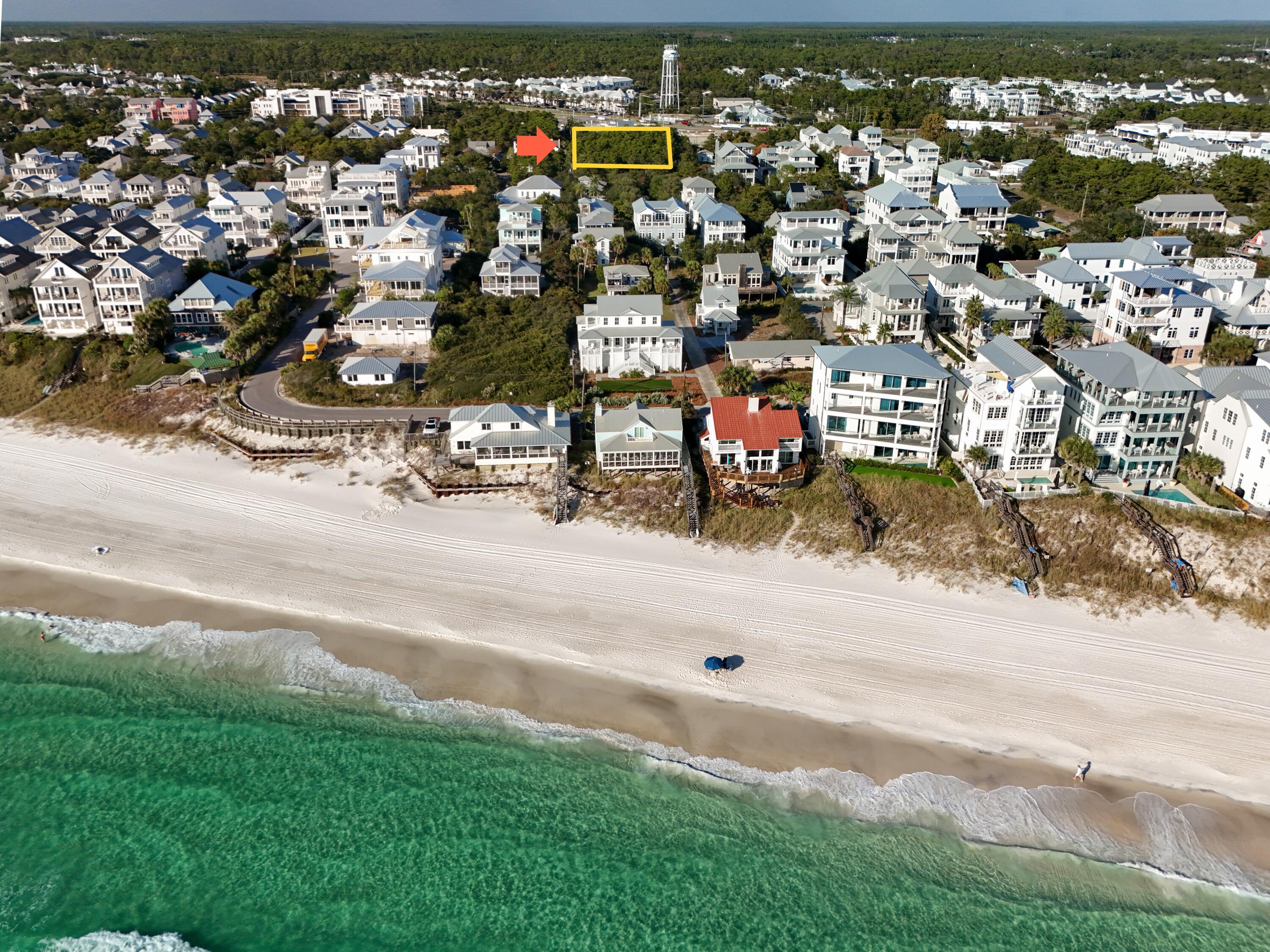 Image 1: Inlet Beach aerial from beach with arrow