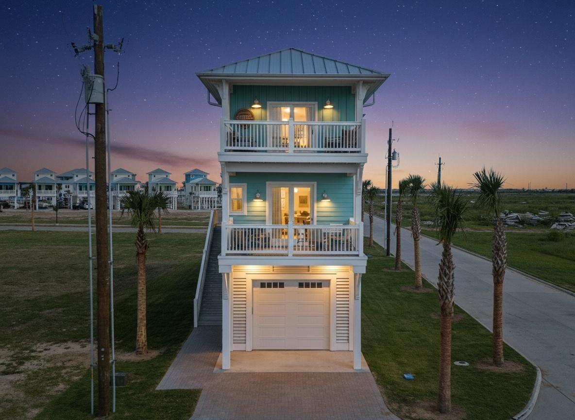Image 1: Front exterior at dusk showcasing coastal architec