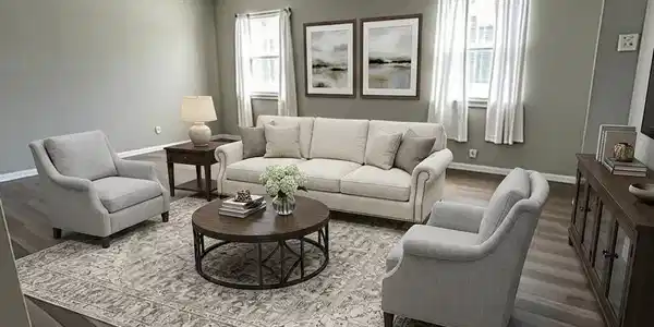 Image 2: This inviting living room features a neutral color