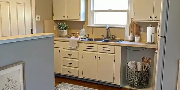 Image 4: Kitchen features a cozy, vintage design with cream