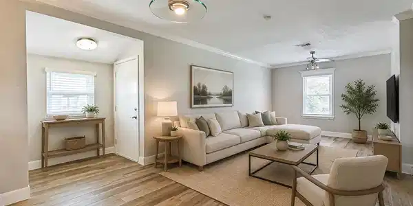 Image 3: This cozy living room features light wood flooring