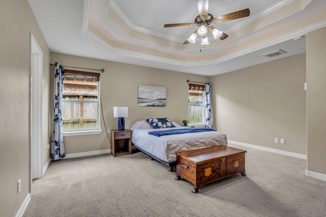 Image 4: Primary bedroom featuring an elegant tray ceiling.