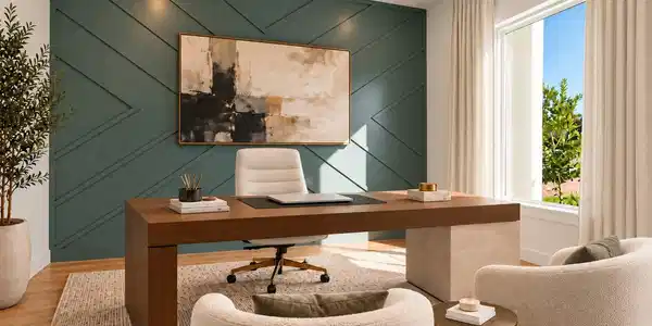 Image 3: Home office with a custom accent wall, large pictu