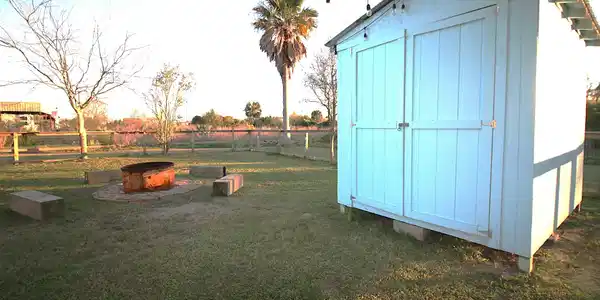Image 2: This backyard features a spacious lawn with a ligh