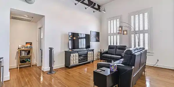 Image 3: Spacious living area with hardwood flooring, plant