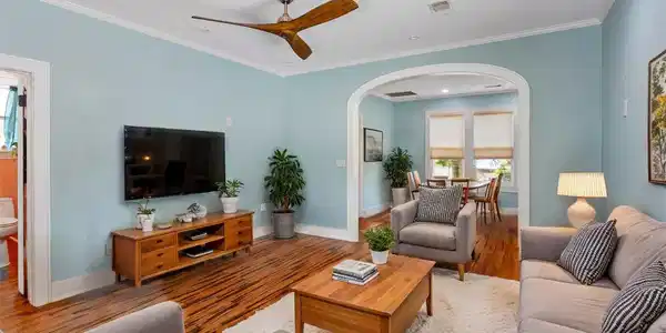 Image 4: This photo showcases a cozy living room with light