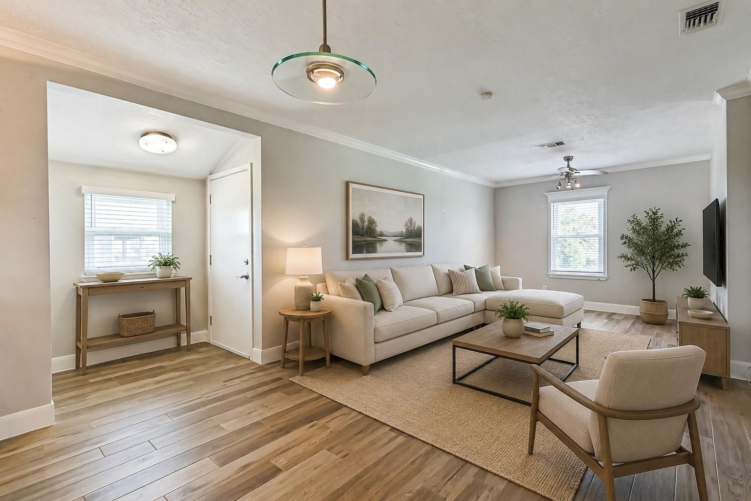 Image 3: This cozy living room features light wood flooring