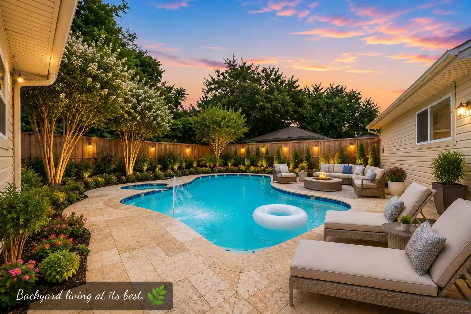 Image 1: Landscaping and patio furniture have been added vi