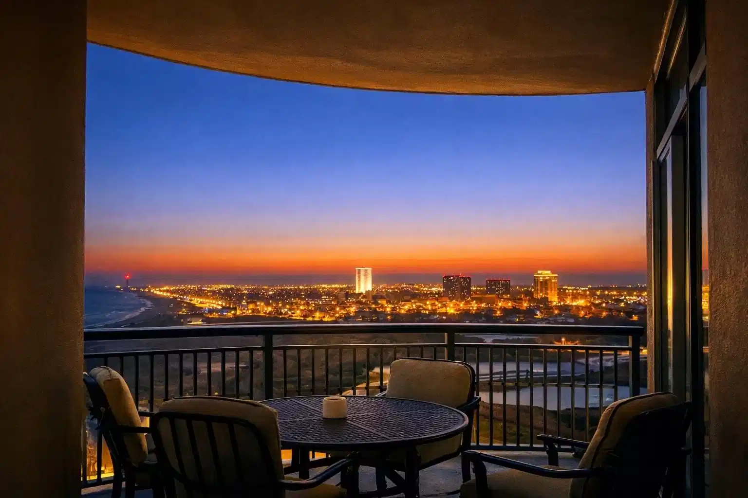 Image 1: Twilight views from the beach balcony capture the