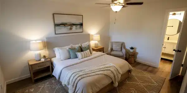 Image 4: The spacious bedroom makes a peaceful retreat. (vi