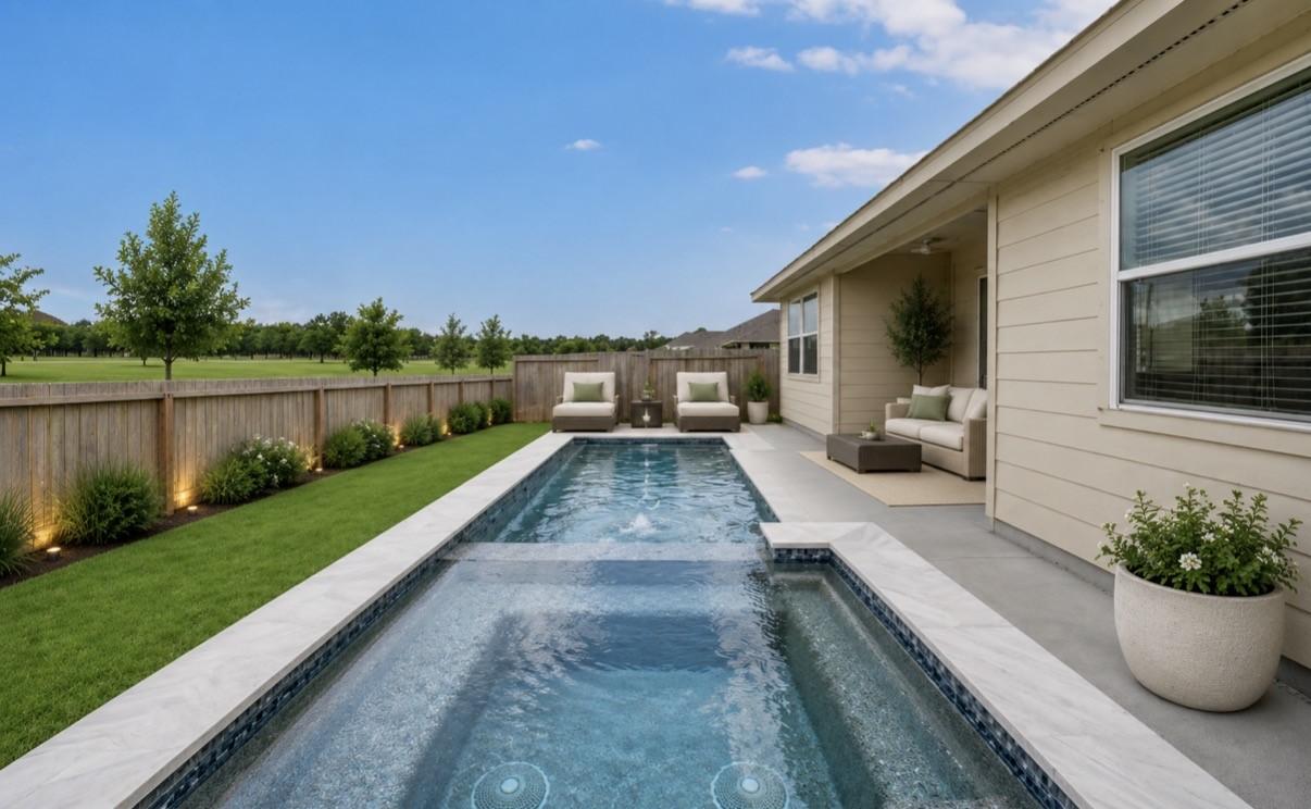 Image 1: Virtually staged backyard and pool/patio area to s