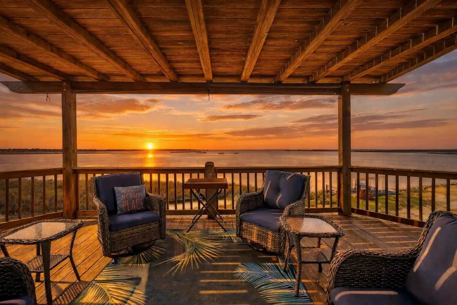 Image 1: Spacious covered balcony with panoramic bay views