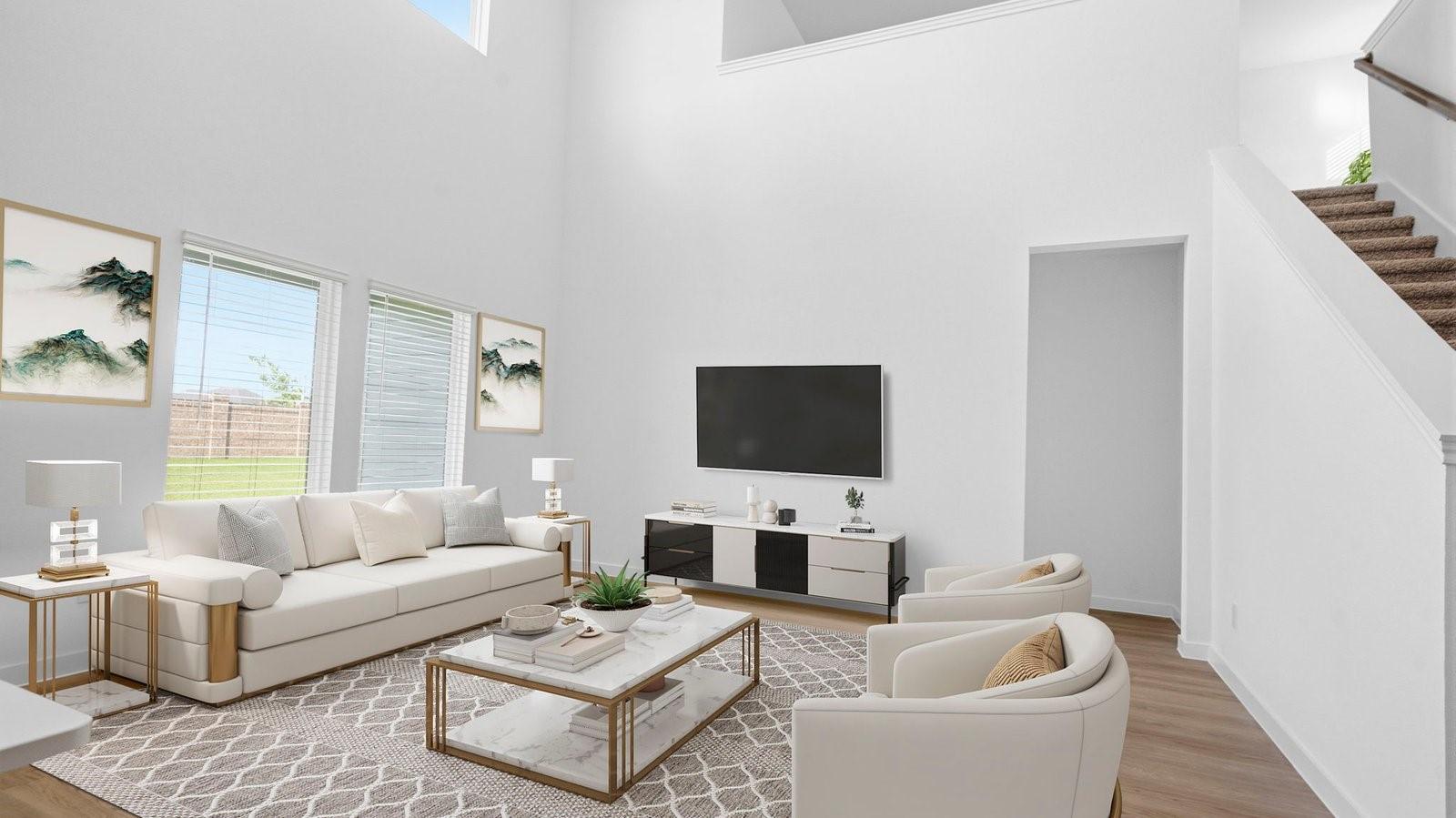 Image 4: A luxurious living room featuring tall ceilings, l