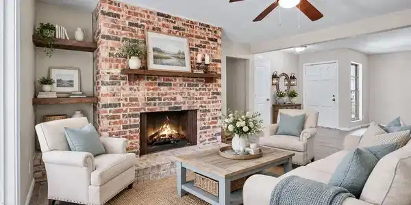 Image 2: Large living area with brick fireplace that natura