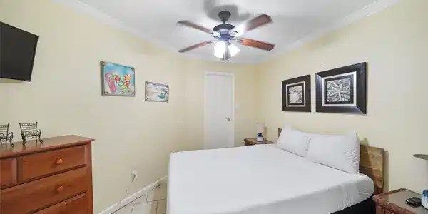 Image 2: Cozy bedroom with a ceiling fan, neutral walls, an