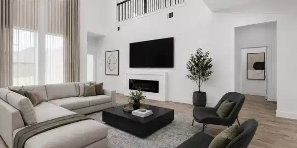 Image 4: Wood-look tile flooring and a modern electric fire