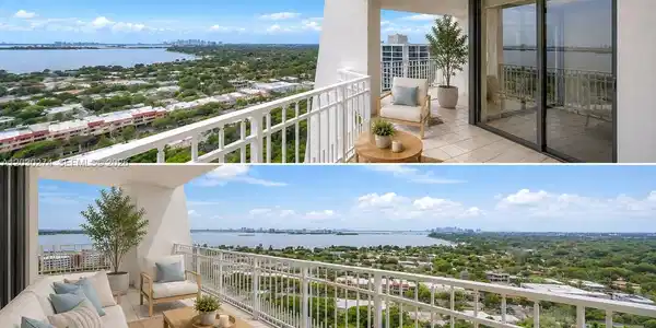 Image 3: DIGITALLY STAGED TOWER SUITE BALCONY WITH THE MOST EXQUISTE VIEW OF WIDE INTRACOASTAL WATERWAY, LUSH