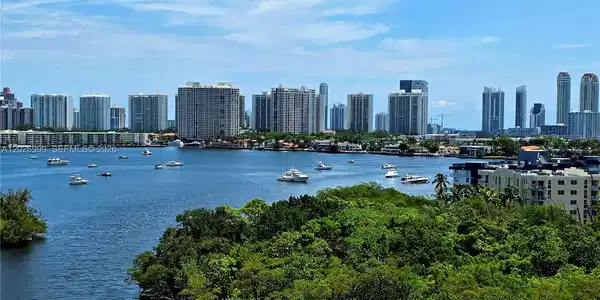 Image 3: Elevated view showcasing the waterway, boats, lush greenery, and nearby high-rise skyline. This outl