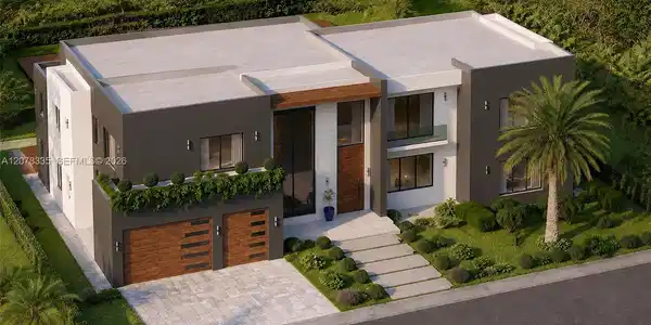 Image 2: Stunning modern home exterior featuring sleek architecture, lush tropical landscaping, and a paver d