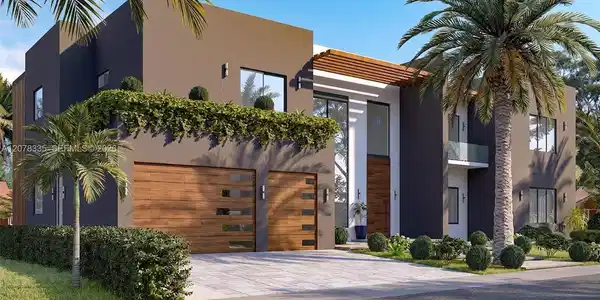 Image 3: Multi-level contemporary residence with wood garage door, palm trees, and striking geometric design.