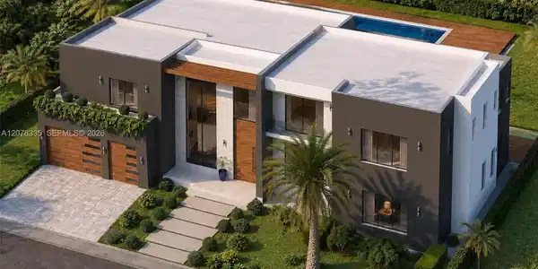 Image 4: Modern luxury home front view showcasing wood-accented garage doors and manicured landscaping.