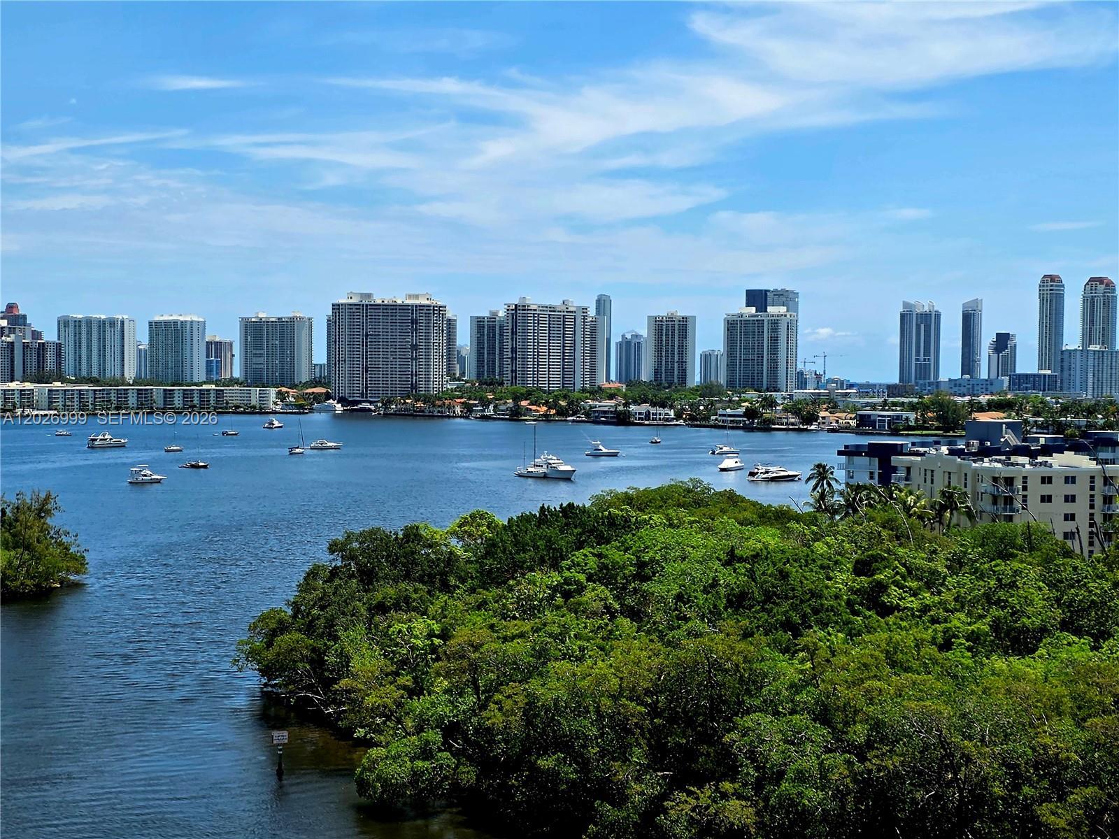Image 3: Elevated view showcasing the waterway, boats, lush greenery, and nearby high-rise skyline. This outl
