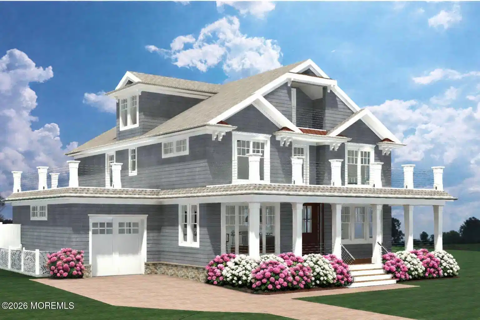 Image 1: Coastal-style home with hydrangeas