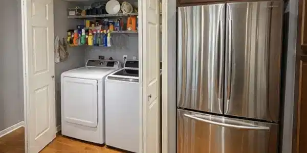 Image 4: Dedicated laundry closet with white appliances and wire shelving