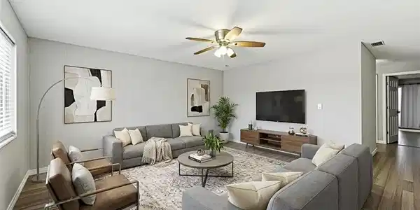 Image 4: Living room featuring wood finished floors and ceiling fan