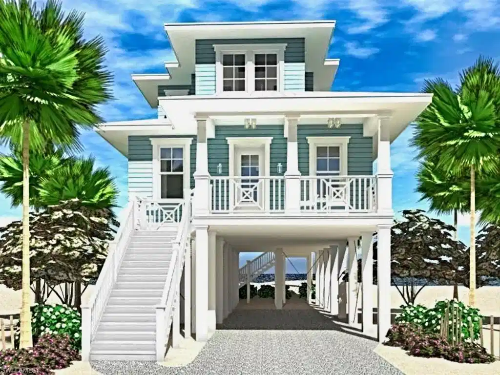 Image 1: Suggested future construction. A Coastal inspired home featuring a carport, covered porch, driveway, and stairway
