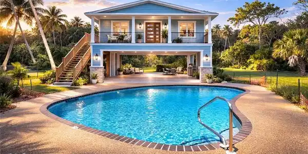 Image 2: Rear view of house featuring an outdoor pool, a balcony, a patio, and stone siding