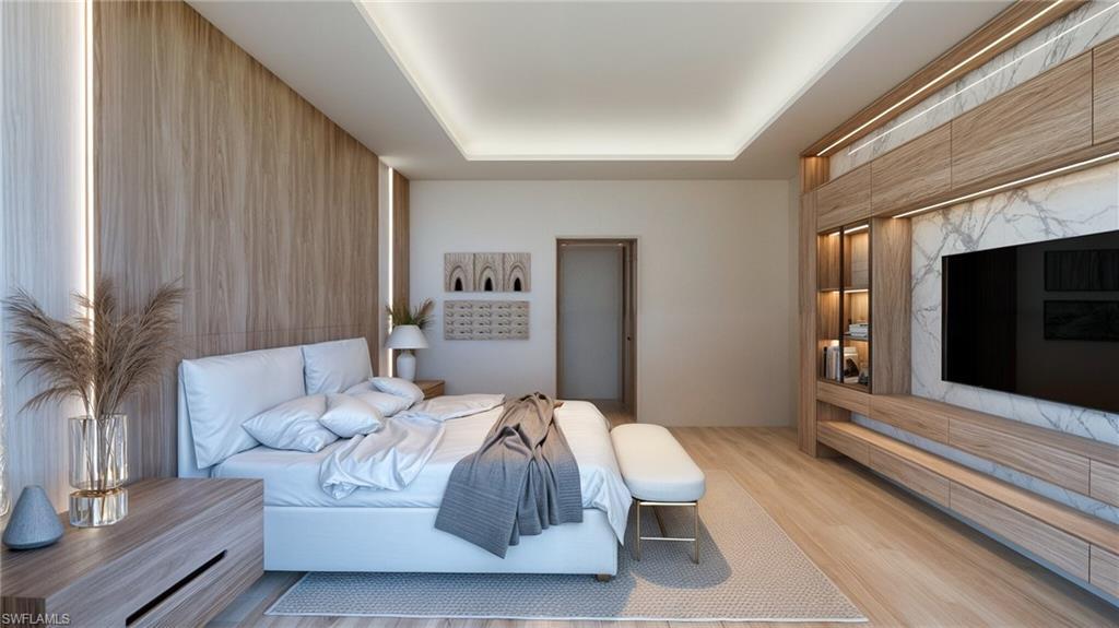 Image 4: Spacious room featuring wood-finish accent wall panels, recessed ceiling lighting, and wood-finish flooring (Rendered photo)