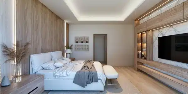 Image 4: Spacious room featuring wood-finish accent wall panels, recessed ceiling lighting, and wood-finish flooring (Rendered photo)