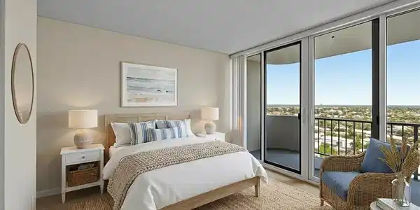 Image 3: Bedroom featuring access to outside, a textured ceiling, and a wall of windows