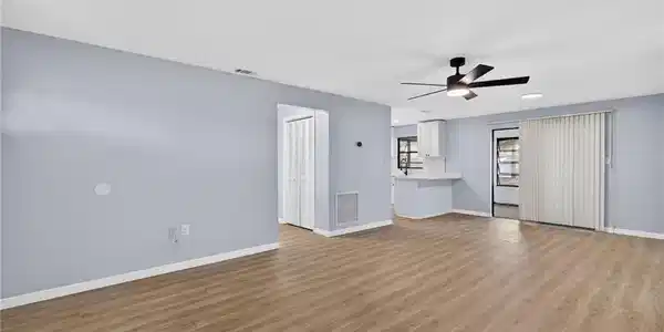 Image 2: Unfurnished living room with ceiling fan, light wood-type flooring, and recessed lighting