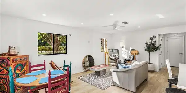 Image 2: Living area with recessed lighting, light wood-type flooring, and a ceiling fan