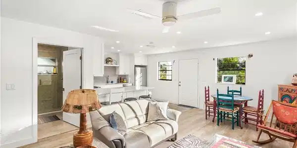 Image 3: Living area featuring recessed lighting, light wood-type flooring, and a ceiling fan