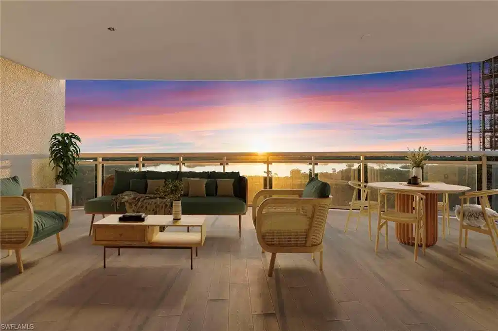 Image 1: Balcony at dusk with a patio, an outdoor living space, and a water view