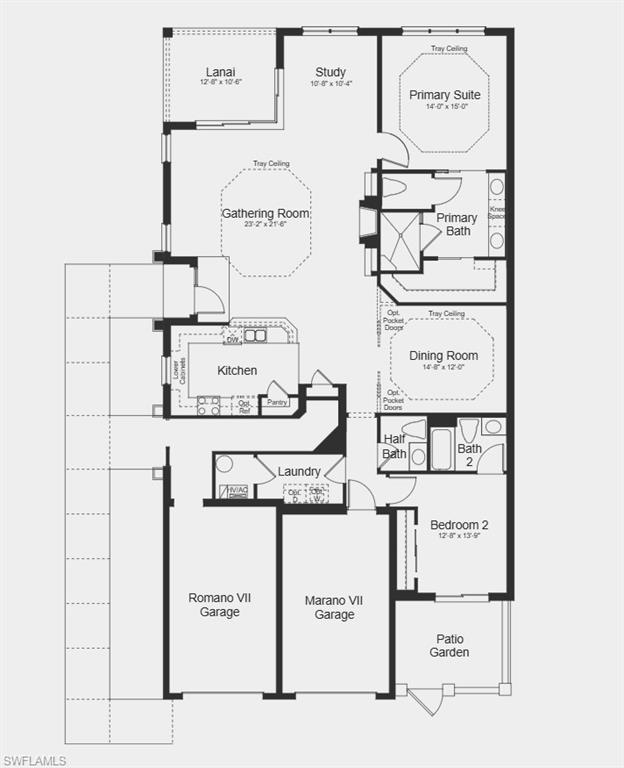 Image 2: Floor Plan - Additional Highlights Include: tray ceiling package, upgraded cabinets and tile floors, top load laundry package, refrigerator, and window blinds throughout the whole