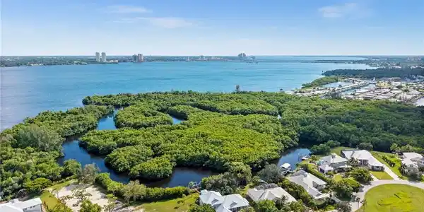 Image 4: Aerial perspective of suburban area featuring a large body of water