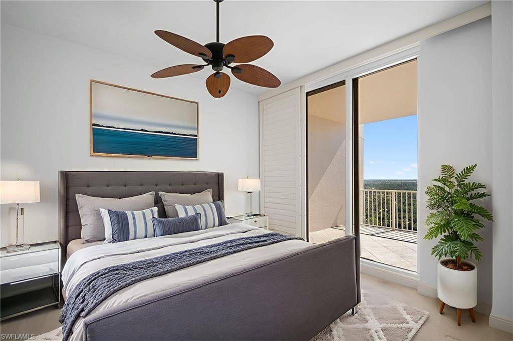 Image 4: Carpeted bedroom with access to exterior and ceiling fan