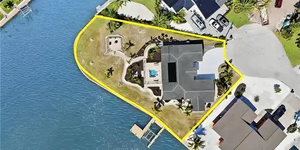 Image 4: Aerial view of property and surrounding area featuring property parcel outlined and a large body of water - Virtually Edited Image