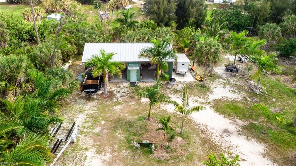 Image 3: North overhead facing view of fruit trees, palms and more that surround the barn.