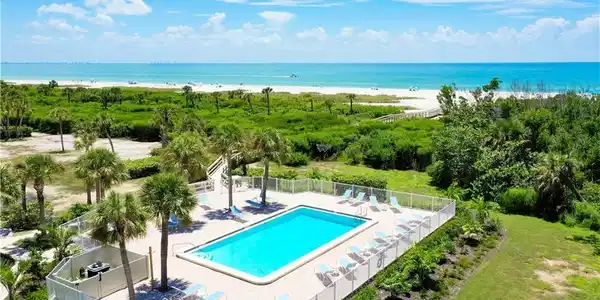 Image 4: Fenced swimming pool surrounded by a paver deck with lounge chairs, mature palm trees, and lush landscaping