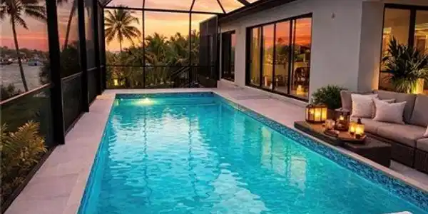 Image 2: Outdoor pool with a sunroom, a lanai, outdoor seating, and a patio area (Rendered photo)