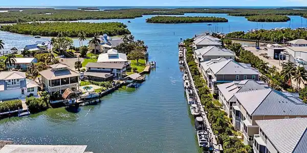 Image 3: Aerial view of residential area featuring a large body of water