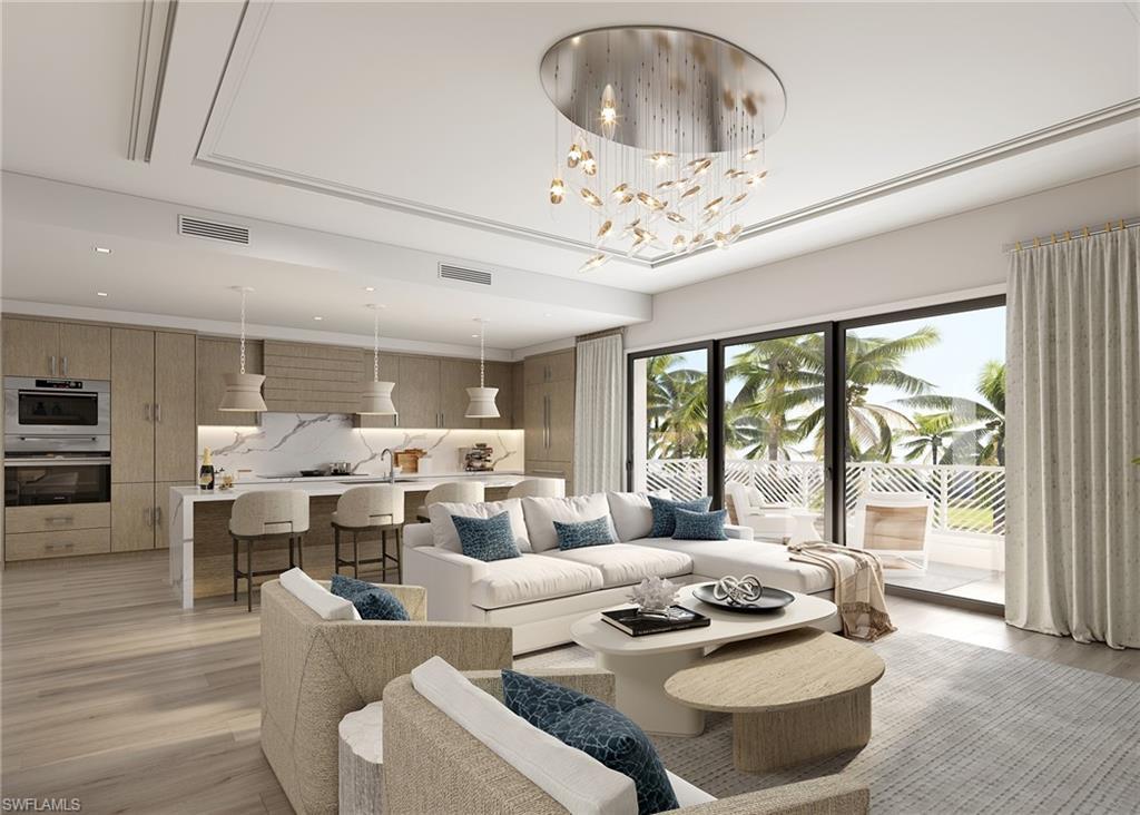 Image 1: Living room featuring light wood-style -flooring and a chandelier-Virtual Rendering