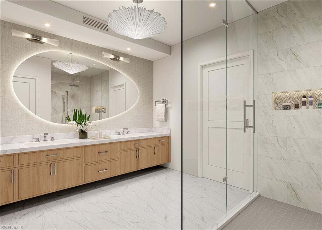 Image 2: Bathroom featuring marble finish floors, double vanity, a marble finish shower, and recessed lighting-Virtual Rendering