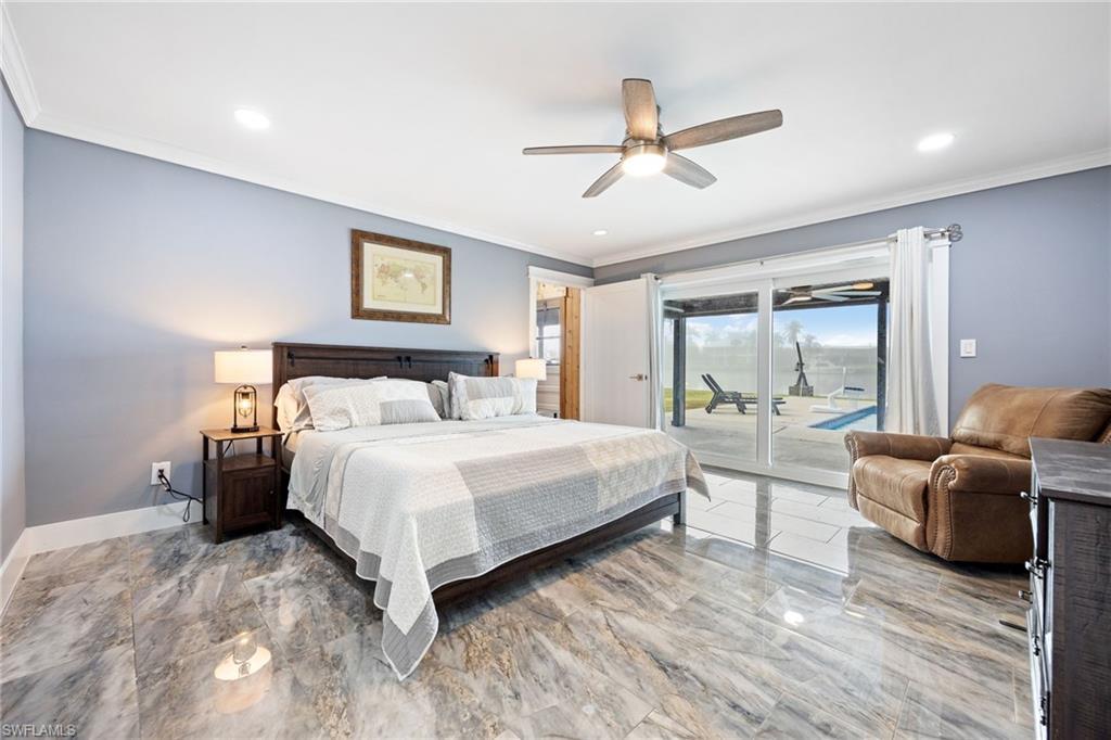 Image 3: Bedroom featuring crown molding, access to outside, ceiling fan, and recessed lighting