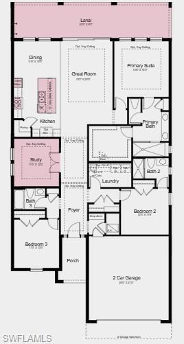 Image 2: Additional Highlights Include: Gourmet kitchen, straight valance wood hood, waterfall island, tray ceiling at primary suite, great room and study, 8' interior doors, 4' garage extension, study with french doors in place of flex, covered extended lanai, and pool and spa prewire.